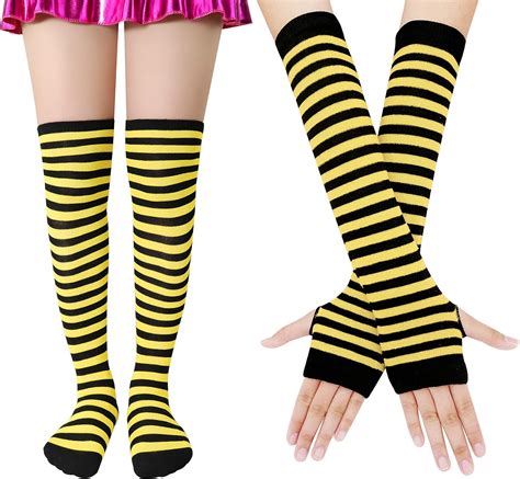 Bienvenu Womens Socks Striped Knee High Socks Arm Warmer Fingerless Gloves Set Yellow One