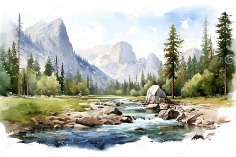 Yosemite National Park Clip Art Watercolor Illustration Stock Image