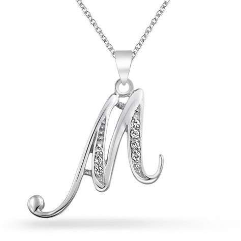 Bling Jewelry Sterling Silver CZ Cursive Initial Letter M Initial Pendant Necklace Letter