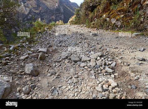 A Very Rough And Dangerous Mountain Road In The Peruvian Andes Stock