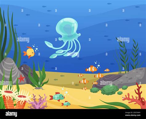 Underwater Sea Life Background With Fishes And Water Plants Algae
