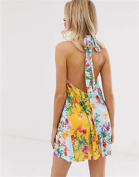 Asos Design Floral Backless Halter Pleated Mini Dress Asos
