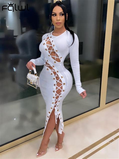 Fqlwl Sexy Party Clothes Dresses For Women 2022 Long Sleeve Bandage Dress Women Club Midi Hollow