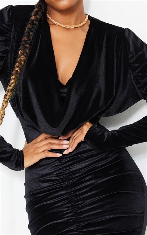 Black Velvet Cowl Ruched Long Sleeve Midi Dress Prettylittlething Ca