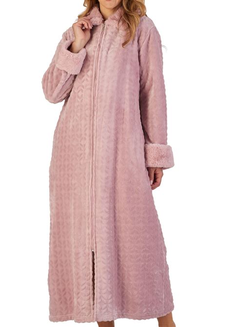 Dressing Gown Ladies Faux Fur Trim Zip Up Fleecy Bathrobe Slenderella