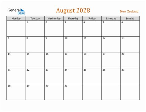 August 2028 New Zealand Monthly Calendar With Holidays