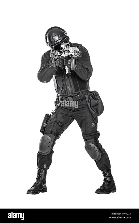 Studio Shot Of Swat Police Special Forces With Automatic Rifle Stock