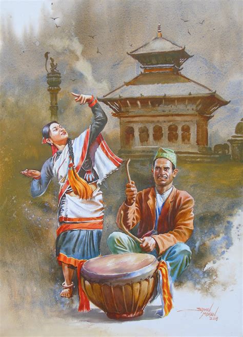 Original Watercolor Painting Culture Of India And Nepal Folk Art