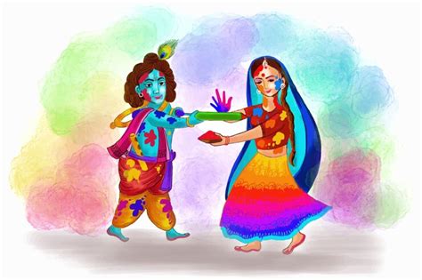 Free Vector Holi Greetings With Joyful Krishna And Radha Playing With