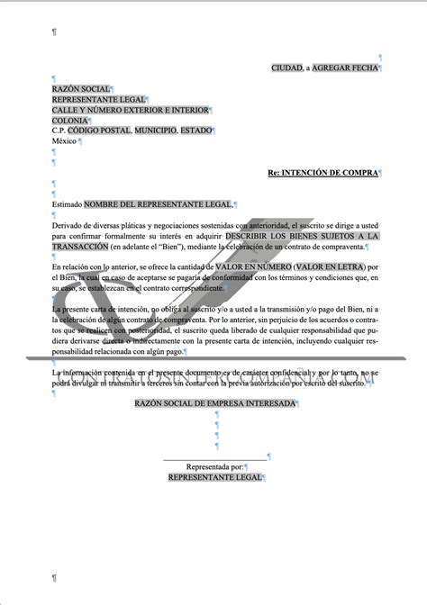 Carta De Intención De Compra Venta Contratos Intercompañía
