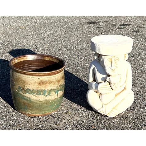 2pc Outdoor Figural Monkey Plant Stand Stool Art Pottery Planter