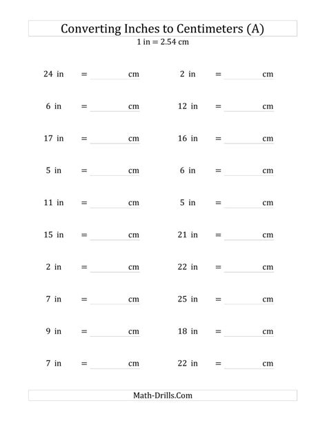 The following is a list of definitions relating to conversions between inches and centimeters. Converting Whole Inches to Centimeters (A)