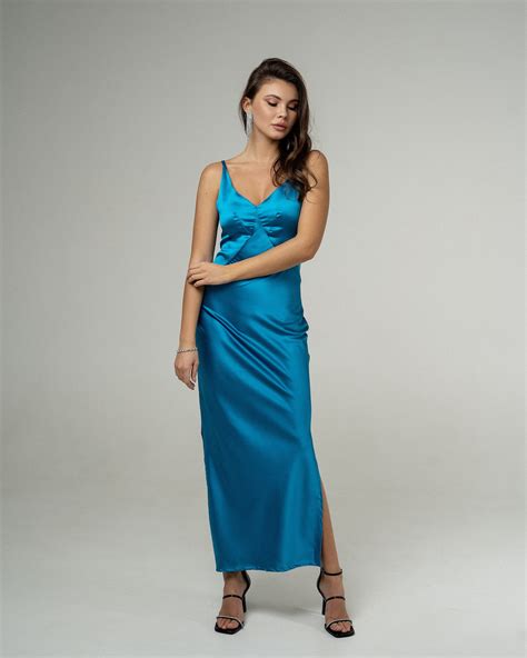 Blue Satin Dress For The Wedding Turquoise Silk Dress Slip Etsy