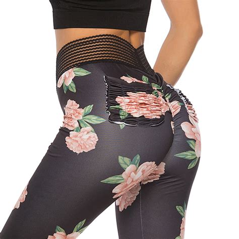 Fittoo Fitttoo Women Flower Print High Waist Leggings Ruch Butt Pants