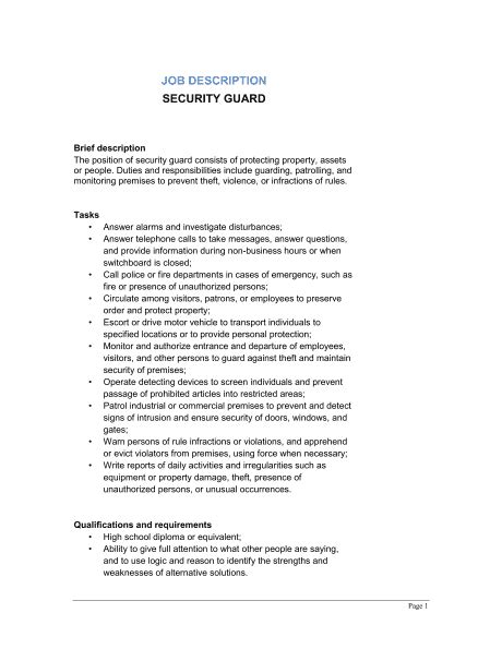 You will patrol the grounds of your assigned location to ensure patrons follow the client rules for being on the premises. Security Guard Job Description Template - Word & PDF | By ...