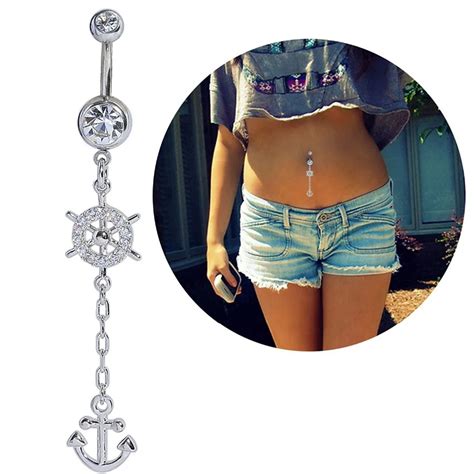 1pc Vintage Boho Anchor Wheel Long Dangle Navel Ring Stainless Steel Belly Button Ring Body