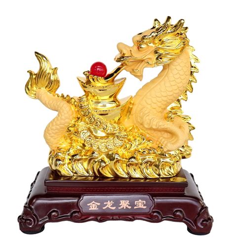 Golden Chinese Dragon Statue With Coins And Big Ingots