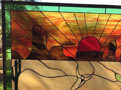 Southwestern Sunset And Butes Leaded Stained Glass Window Panel