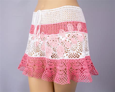 Crochet Skirt Size M8 White Pink Lacy Mini Skirt With Etsy