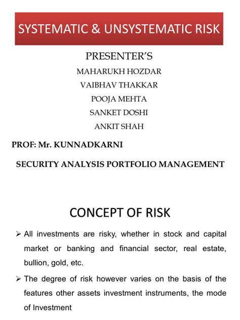 Systematic and nonsystematic risks are pervasive concepts in the cfa curriculum and understanding them is critical to portfolio management concepts. What is systematic and unsystematic risk. Systematic Risk ...
