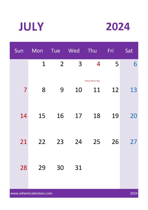 Free Printable July Calendar 2024 Monthly Calendar