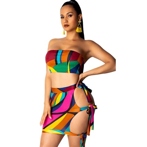 club sexy two piece set women print crop top and bodycon skirt matching sets festival party