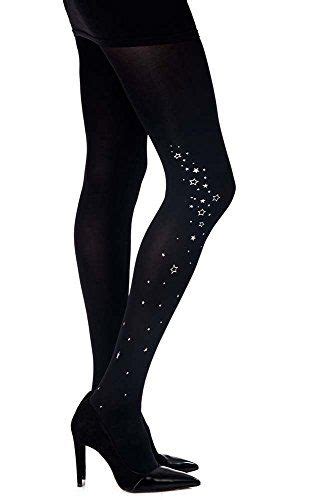 Womens Milky Way Printed Silver Stars Tights Black Opaque By Zohara