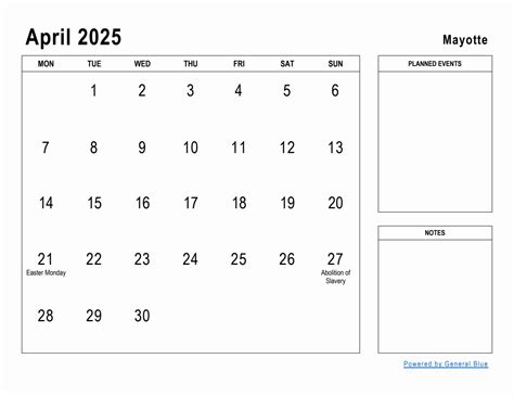 April 2025 Planner With Mayotte Holidays
