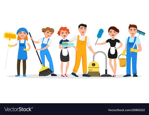 Cleaning Service Staff Smiling Cartoon Characters Vector Image