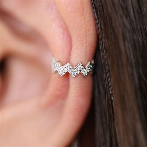 diamond cuff earring zig zag diamond huggie with chain drop earring unique diamond dangle