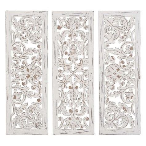 Decmode Ornate Carved Wood Wall Panel Set Of 3 Distressed White