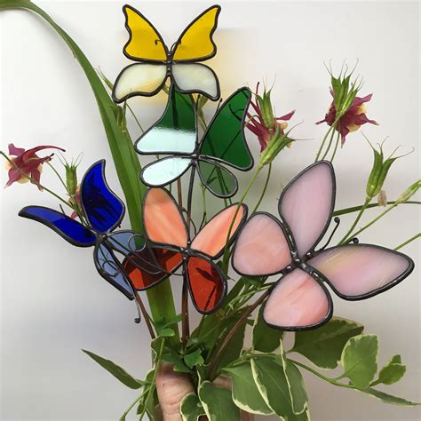 5 Handmade Wild Butterfly Flower Bouquet Garden Stakes Etsy Stained Glass Flowers Art Glass