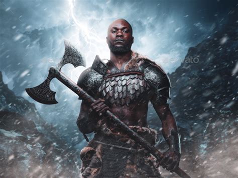 Violent African Viking With Axe In Background Of Blizzard Mountains