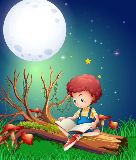 Little Boy Reading Book In Garden At Night 368237 Vector Art At Vecteezy