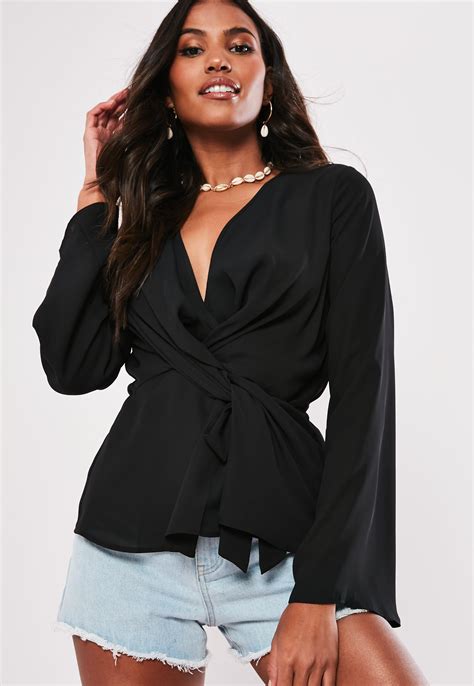 Black Wrap Tie Knot Blouse Missguided