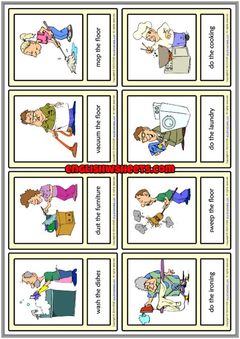 Household Chores Esl Printable Vocabulary Learning Cards