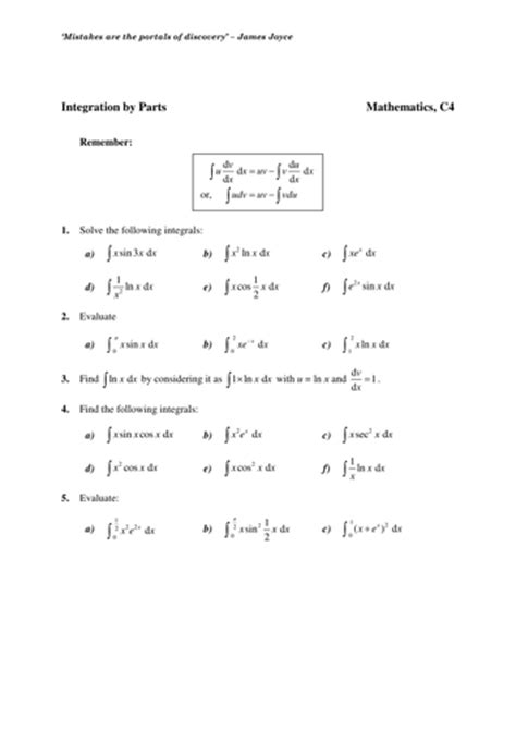 Ma 114 worksheet # 2: Maths KS5 Core 4: Integration by Parts worksheets | Teaching Resources