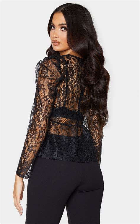 Black Sheer Lace Puff Sleeve Blouse Tops Prettylittlething