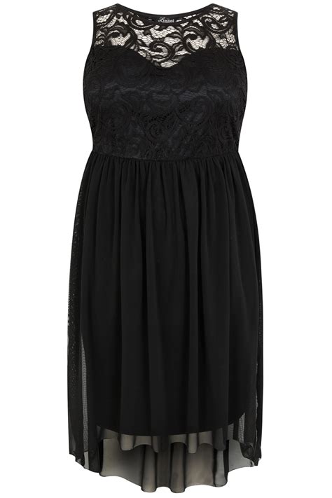 Black Lace And Mesh Sleeveless Dress With Dipped Hem Plus Size 16 To 32