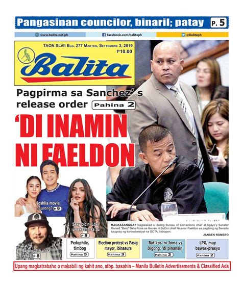 Balita September 3 2019 Newspaper Get Your Digital Subscription
