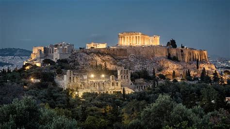 Night Panoramic View Of Acropolis Athens Greece Stock Photo Image