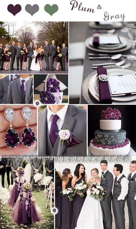 The Wedding Party Is Dressed In Gray And Purple