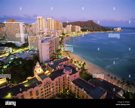 Waikiki Beach And Diamond Head With Beach Front Hotels And Pink Stock