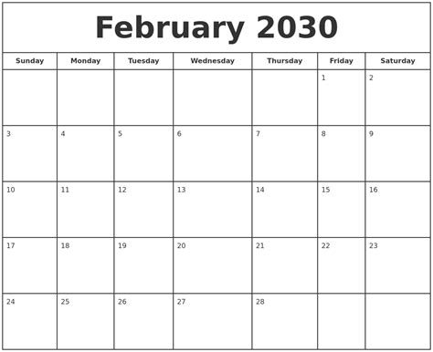 February 2030 Print Free Calendar