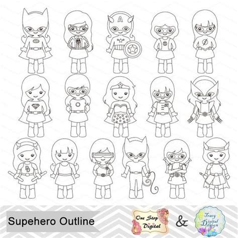 What super power would you like to have? Black White Outline Superhero Girls Digital Clip Art ...