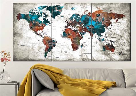 Large World Map Push Pin Canvas Panelsworld Mapworld Map Wall Art