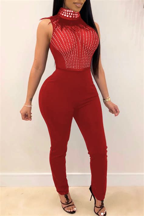 Lovely Sexy See Through Red One Piece Jumpsuit Jumpsuit Jumpsuits