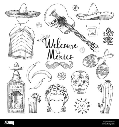 Set Of Elements Of Mexican Culture Welcome To Mexico Vector