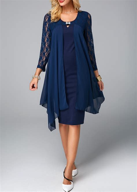 With deep jewel colors and autumnal prints, these fall wedding guest dresses will have you ready for any upcoming fall wedding! Lace Panel Navy Chiffon Overlay Round Neck Dress | Rotita ...