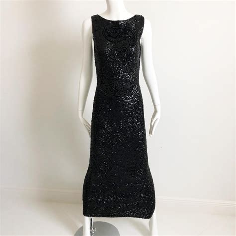 Gene Shelly Boutique Evening Gown Black Beaded Knit With Sequins 60s M